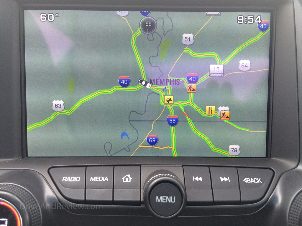 corvette navigation system showing construction in Memphis