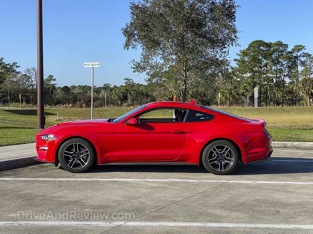 Red 2021 EcoBoost Mustang side view