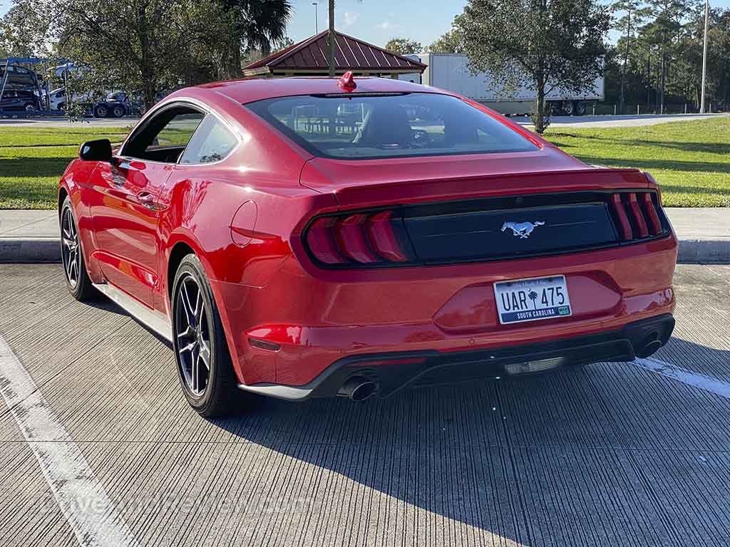 Red 2021 Mustang Ecoboost rear 3/4 view