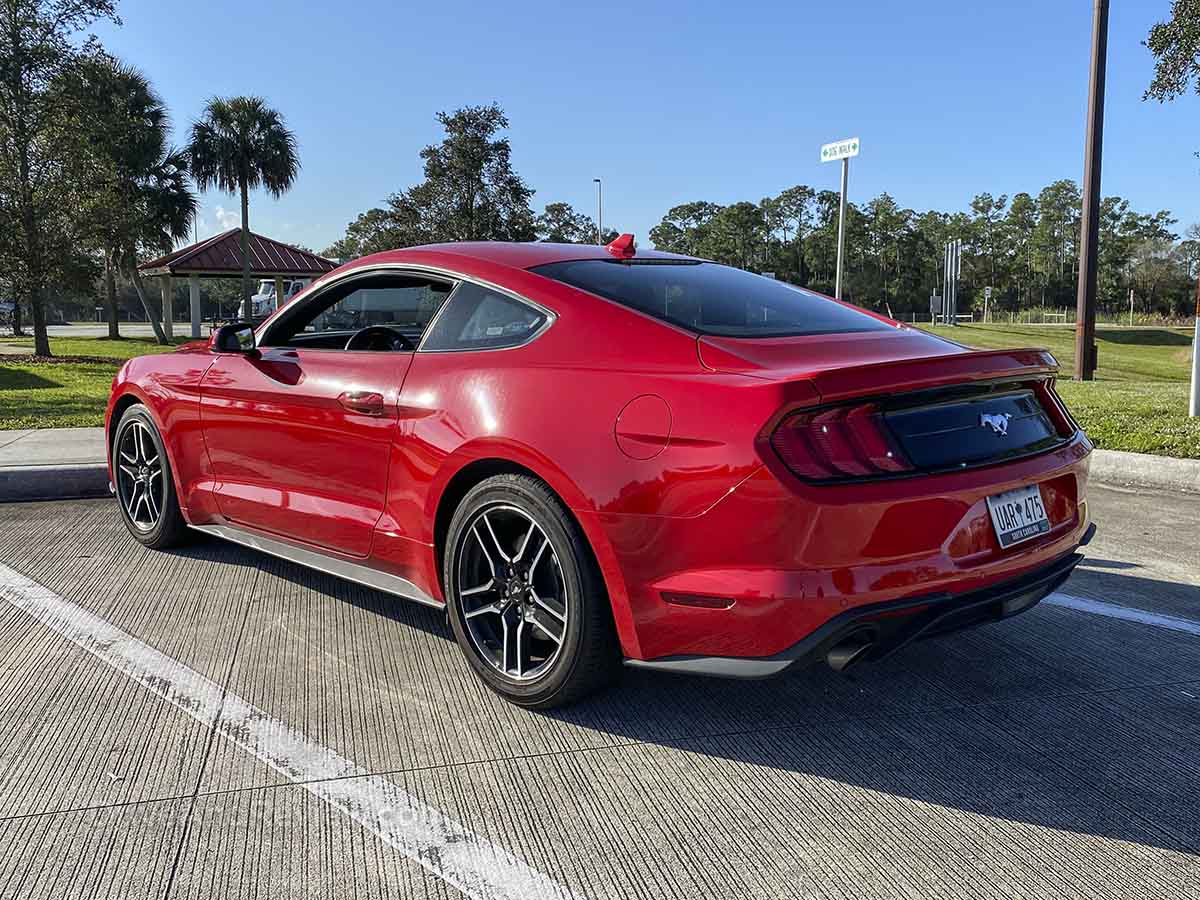 red 2021 Ford Mustang EcoBoost rear 3/4 view