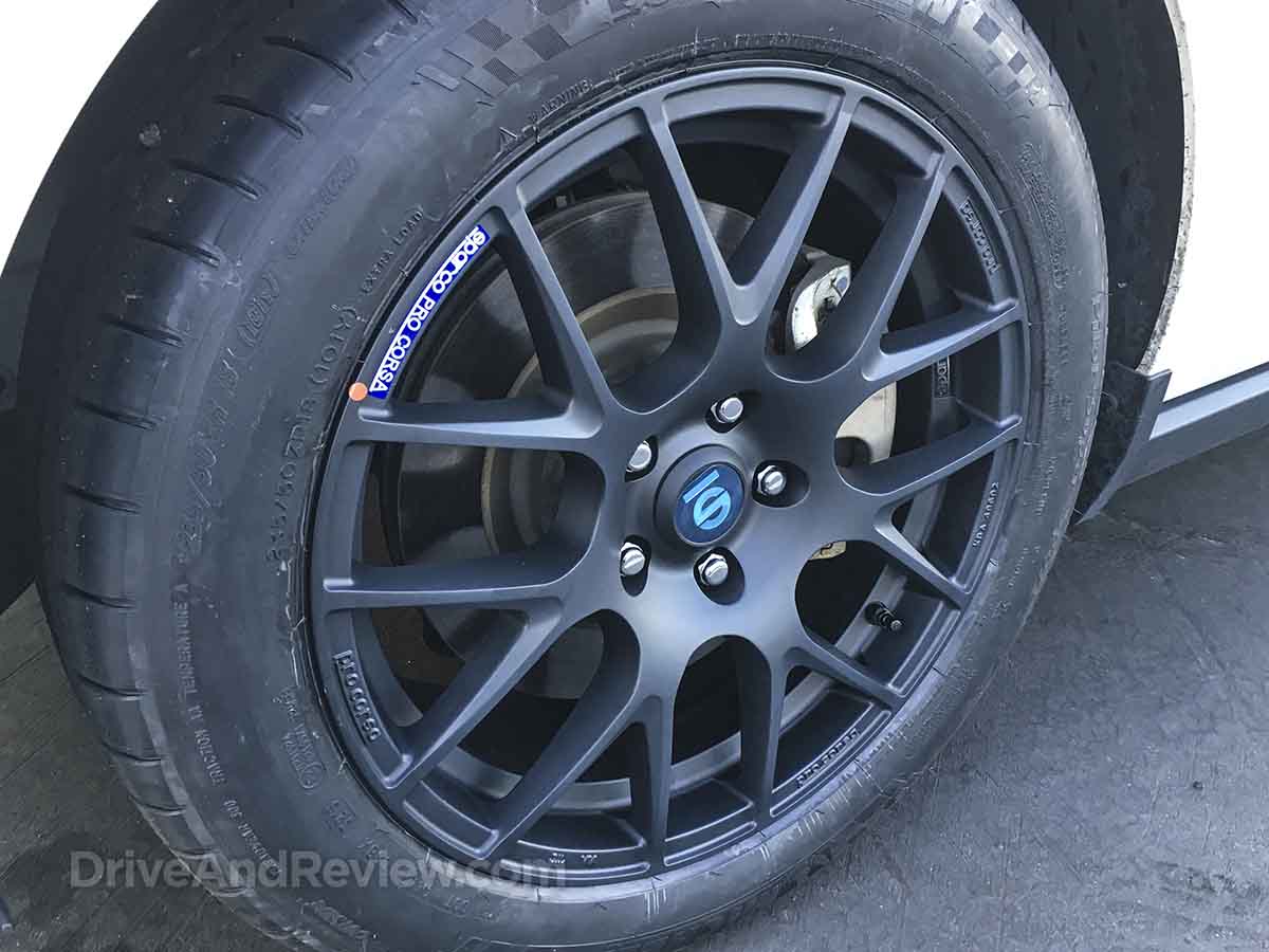 Close up of matte black sparco pro corsa wheels