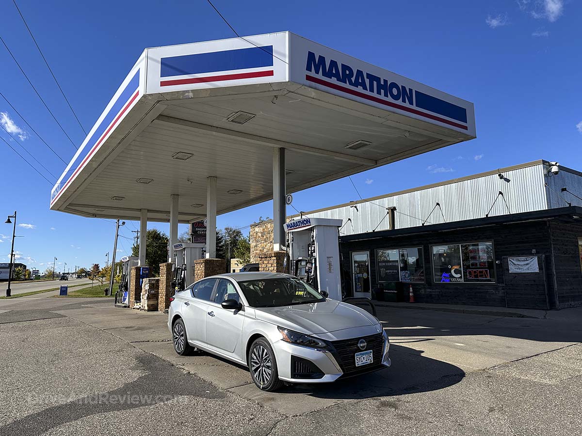 Silver 2026 Nissan Altima at the marathon gas station