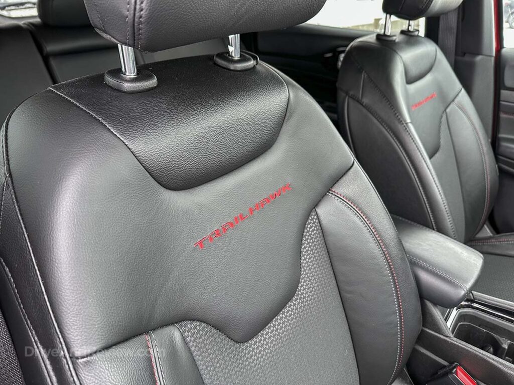 2025 Jeep Compass Trailhawk front seats with Trailhawk embroidered logo