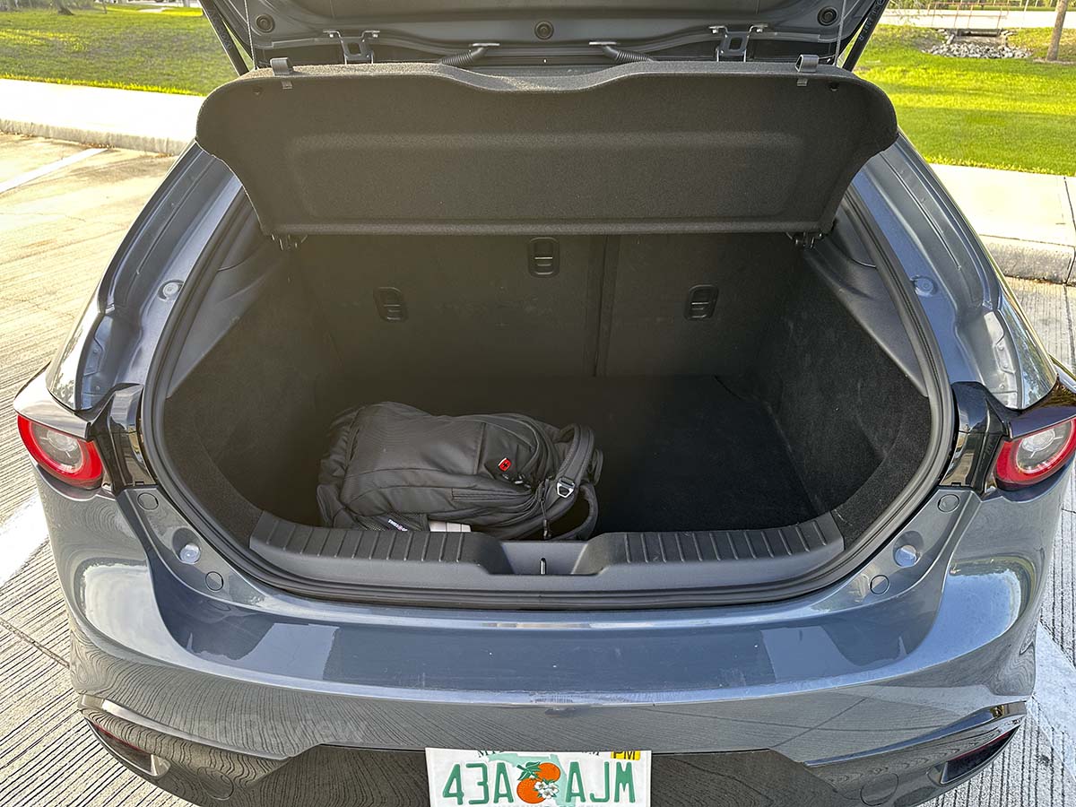 2026 Mazda 3 open hatch showing rear storage space