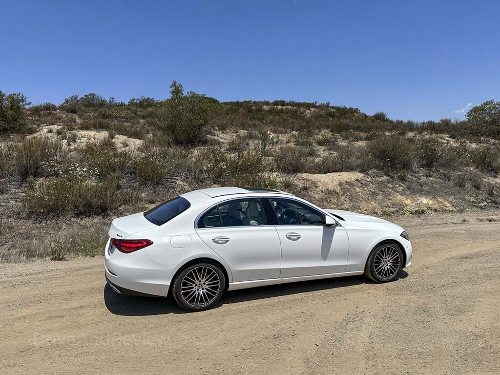White 2025 Mercedes Benz C300 in the California desert