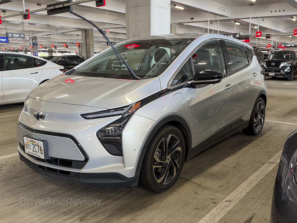 Silver 2024 Chevrolet Bolt front 3/4 view